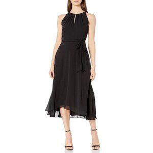 Tahari ASL Ruched Neck Waist Tie High‎ Low Sleeveless Midi Dress